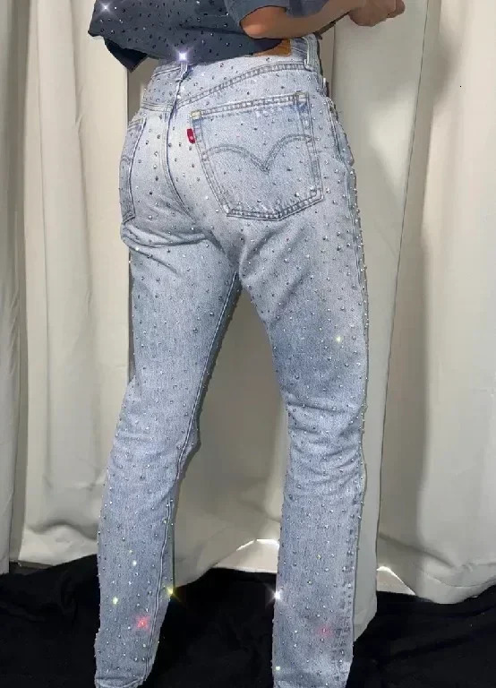 American jeans Y2K pants womens Gothic hip-hop pocket sequins rhinestone retro blue jeans fashionable ultra-thin high waisted Trousers 241127