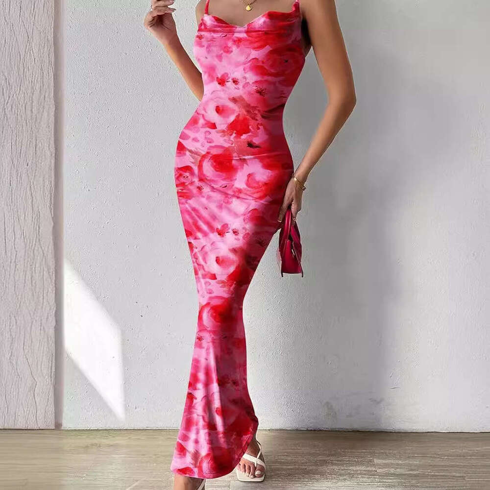 2024 Women's floral thin shoulder strap sleeveless printed suspender dress