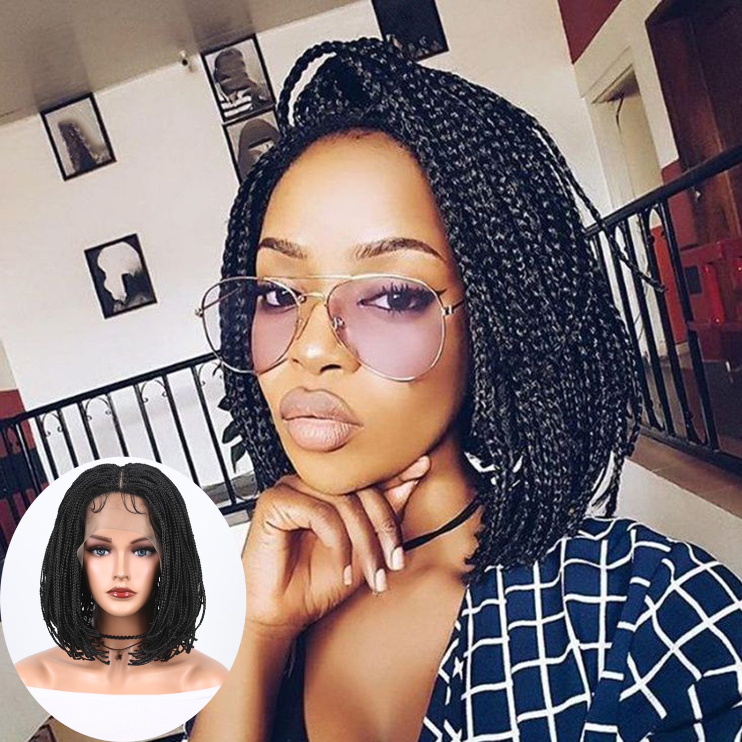 Wignee Short Bob Braided Wigs For African Women Synthetic Lace Front Wig Pre Plucked With Baby Braiding Hair