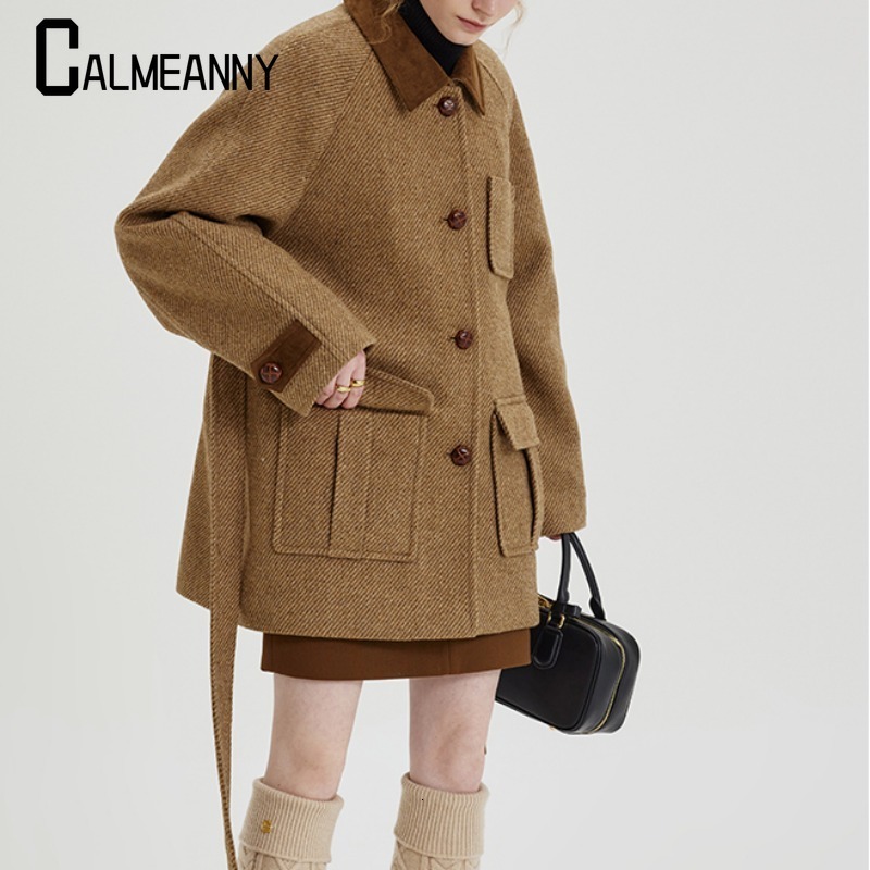 2024 Autumn Winter New Style Fashion Women's Coats Casual Loose Versatile Retro High Quality Pockets Belt Tweed Coat