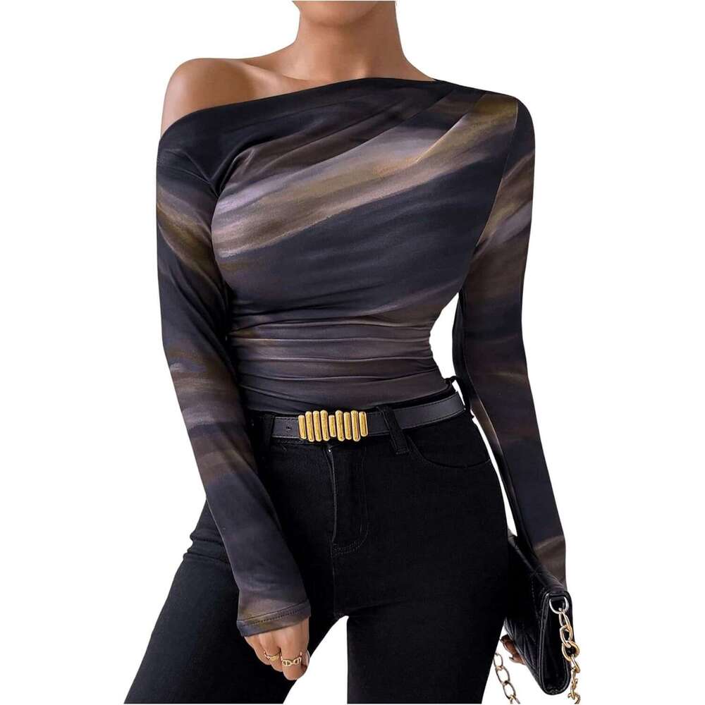 2024 Summer New Fashionable Tie Dyeing Printed Asymmetric Ruffle Edge Long Sleeve T-shirt