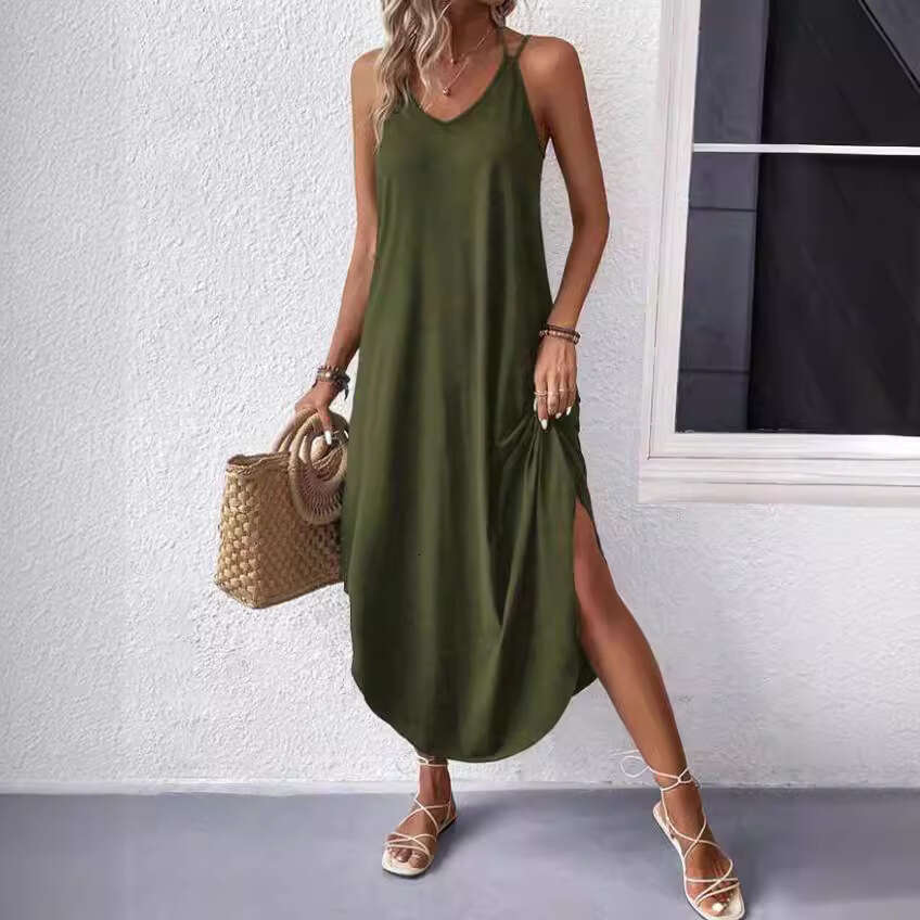 2024 Summer Elegant Cotton Polyester Sling Style Neck Hanging Solid A-line Women's Dress
