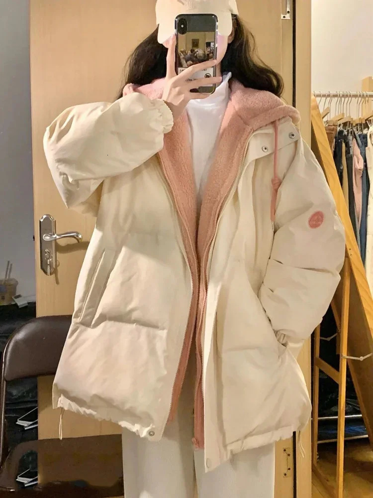 Korean Thicken Puffer Jacket Women Hooded Spliced Lamb Wool Cotton Padded Coats Female Warm Autumn Winter Short Parkas Mujer 241125