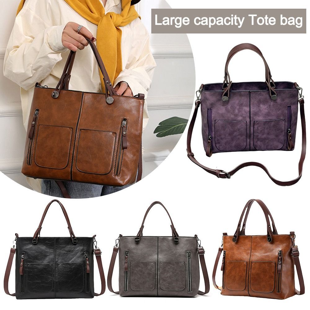 Ladies Vintage Shoulder Bag, Large Leather Purses Work Bags With Multi-Pocket Tote Bag Crossbody Handbags For Women