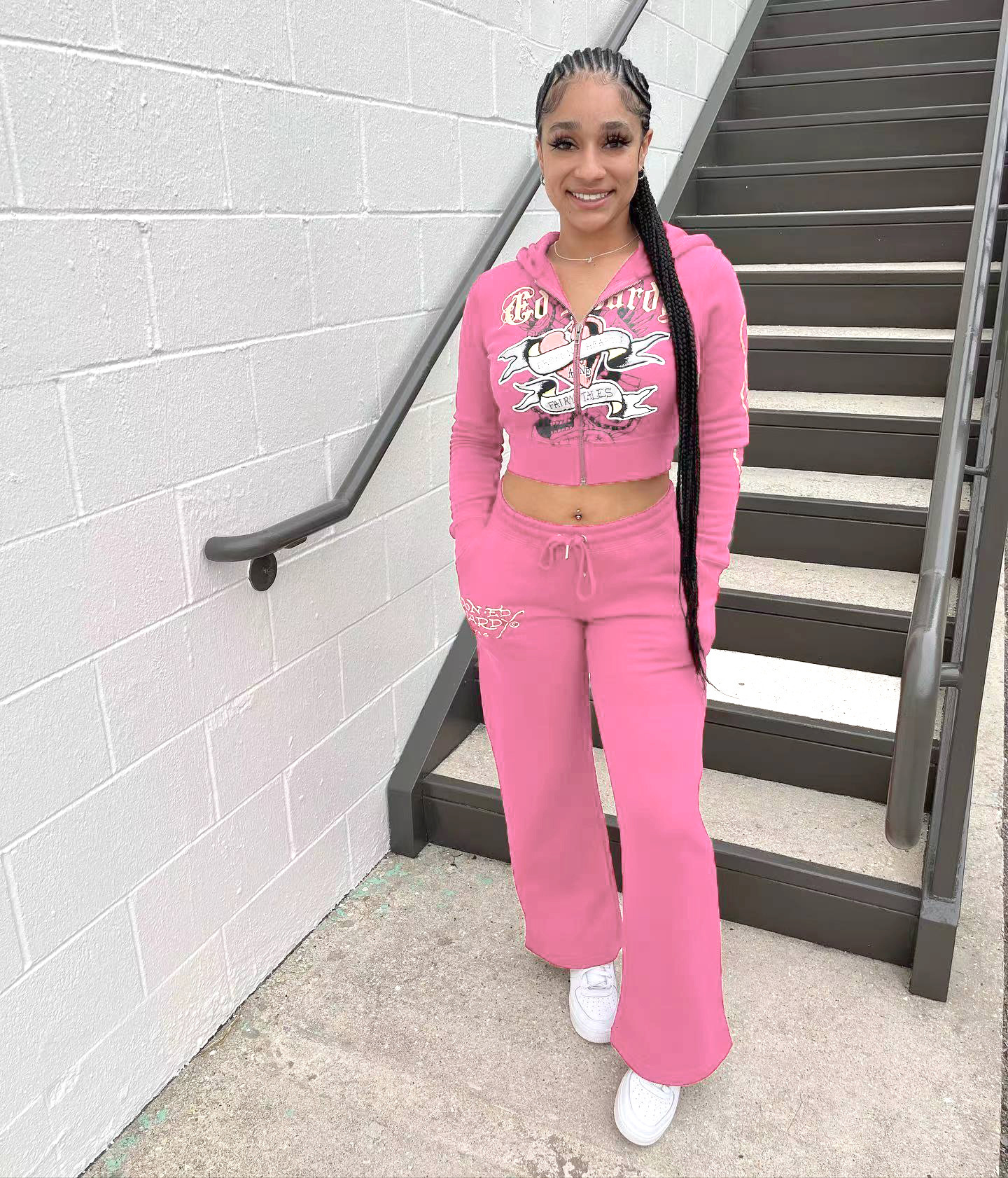 Trendy Street Skeleton Love Printed Basic Zipper Short Cardigan High Waist Straight Pants Two Piece Set For Women