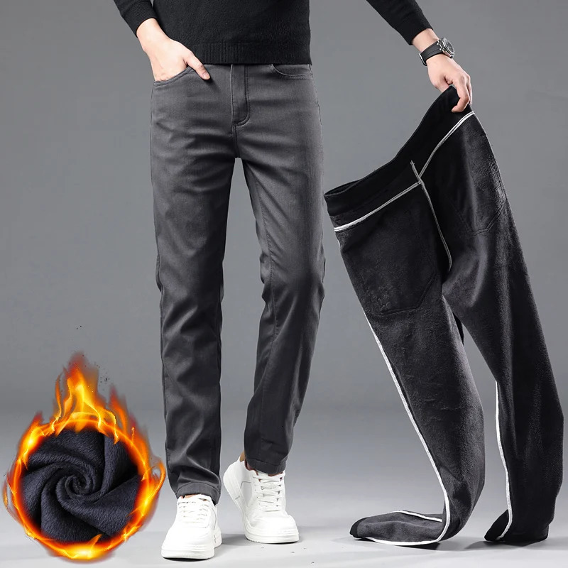 2024 Winter Fleece Casual Pants Mens Straight Slim Thick Warm Male Business Fashion Elastic Comfort Velvet Trousers 241120