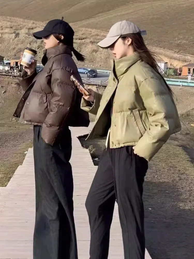 Winter Warm Short Parka Y2K Fashion Pu Leather Crop Puffer Jacket Female Loose Streetwear Zipper Long Sleeve Down Coats 241125