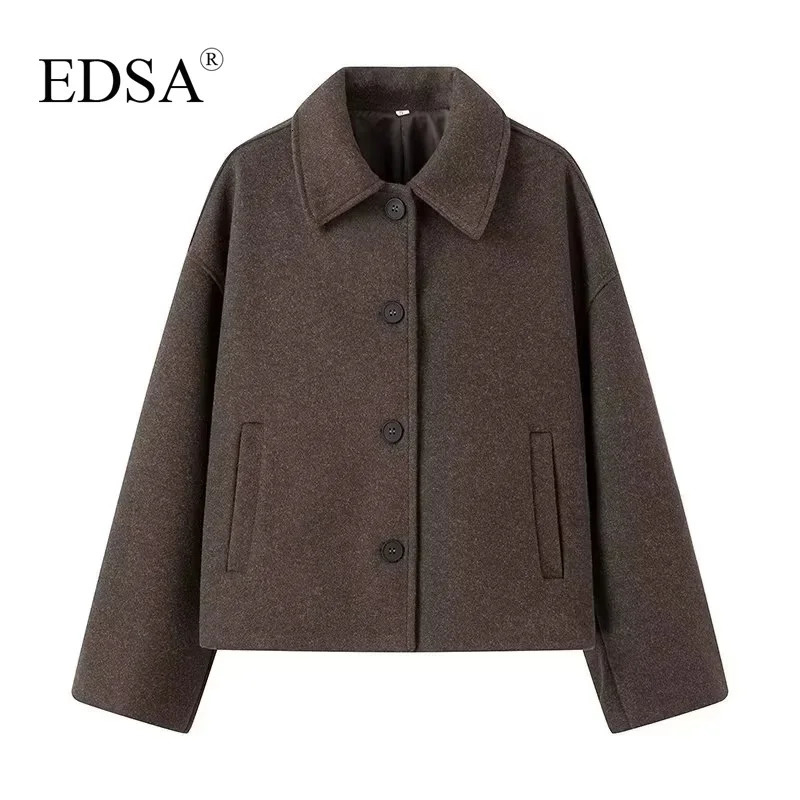 EDSA Women Brown Wool Jacket Single Breasted for Autumn Winter with Lapel Collar Thick Warm Shirtstyle Outwear 241121