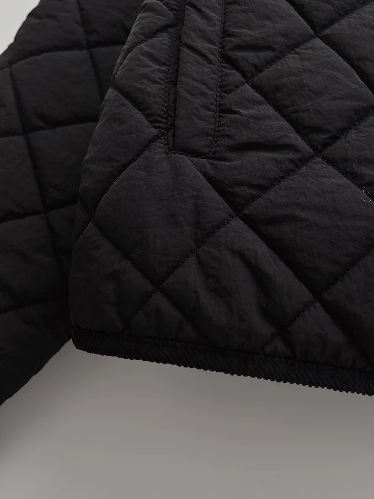 Autumn and winter 2024 womens casual simple diamond pattern quilted short version small high collar cotton jacket 241120