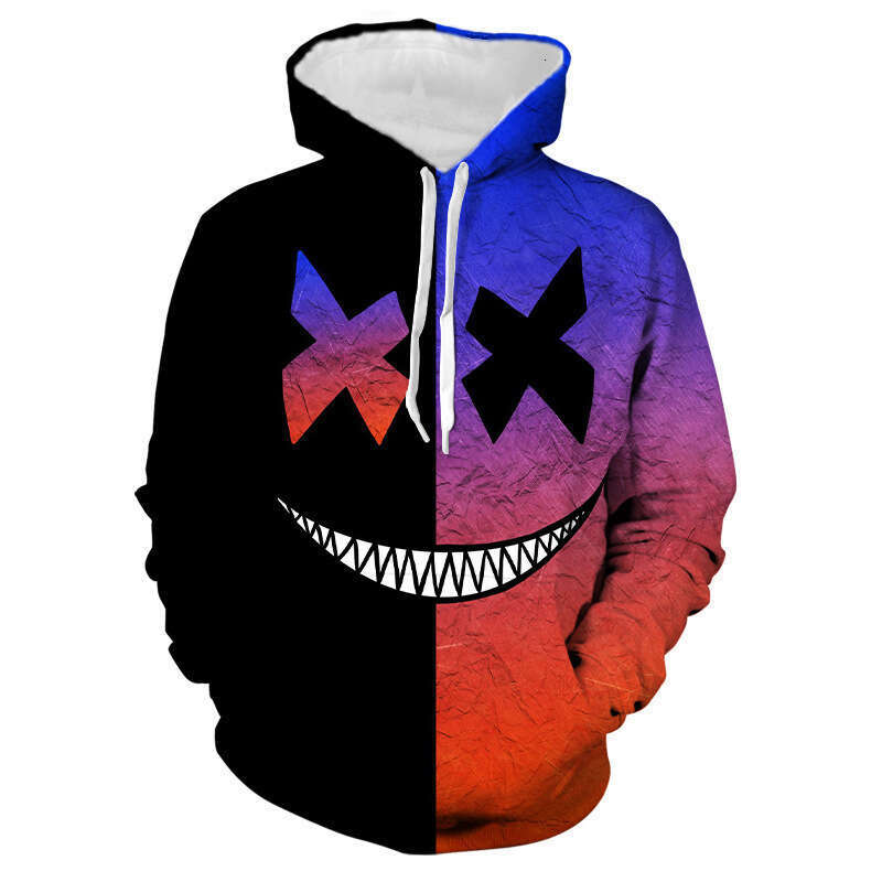Autumn and winter men's quirky 3D printed smiley face pullover long sleeved hooded sweatshirt