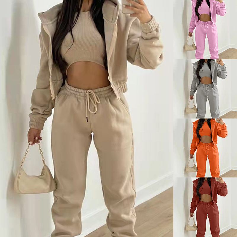 New Women's Solid Color Simple Hooded Sweater Sports Casual Pants Three Piece Set