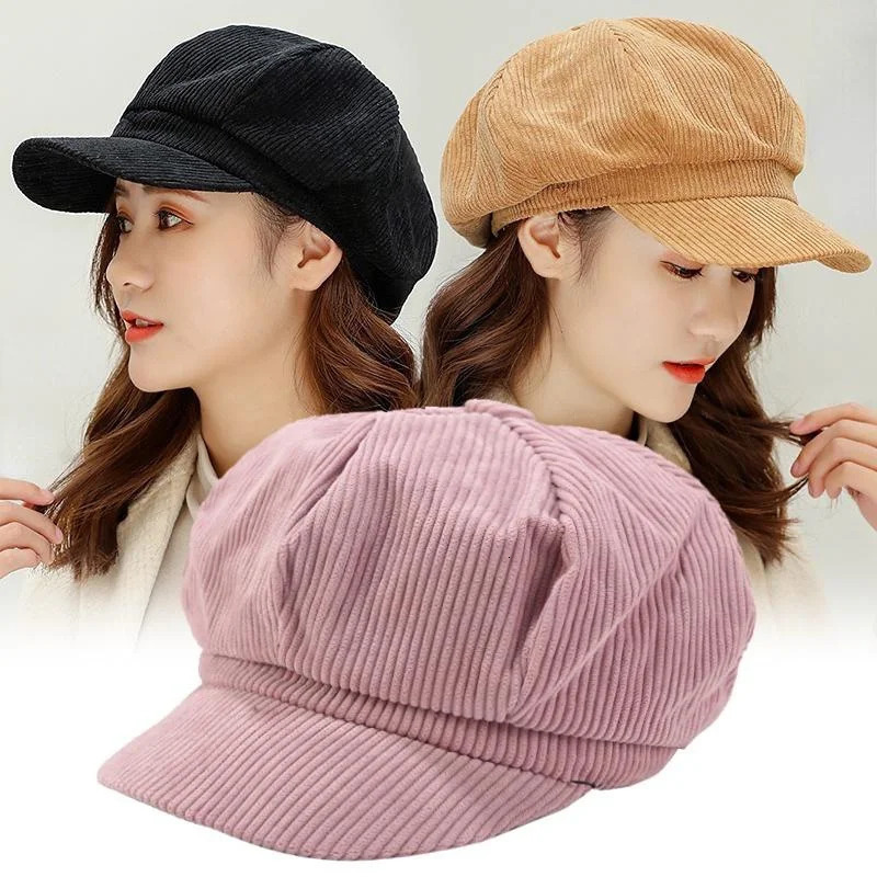 Korean Version Solid Color Women Beret Spring Autumn sboy Hat Vintage Corduroy Cap Painter 241125