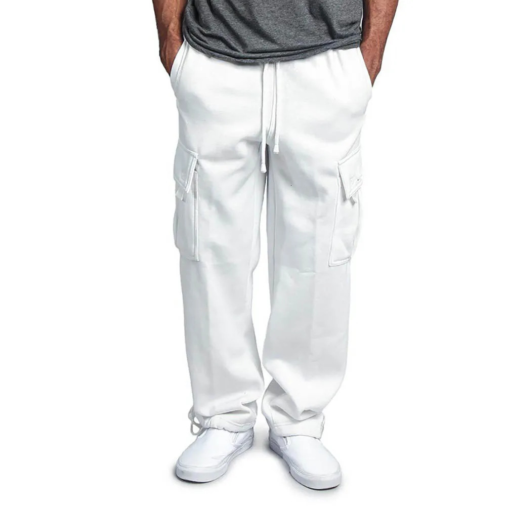 Mens Fleece Cargo Pants Loose Drawstring Sweatpants with Pockets Sports Straight Trousers Jogging Long Hip Hop Streetwear 241120