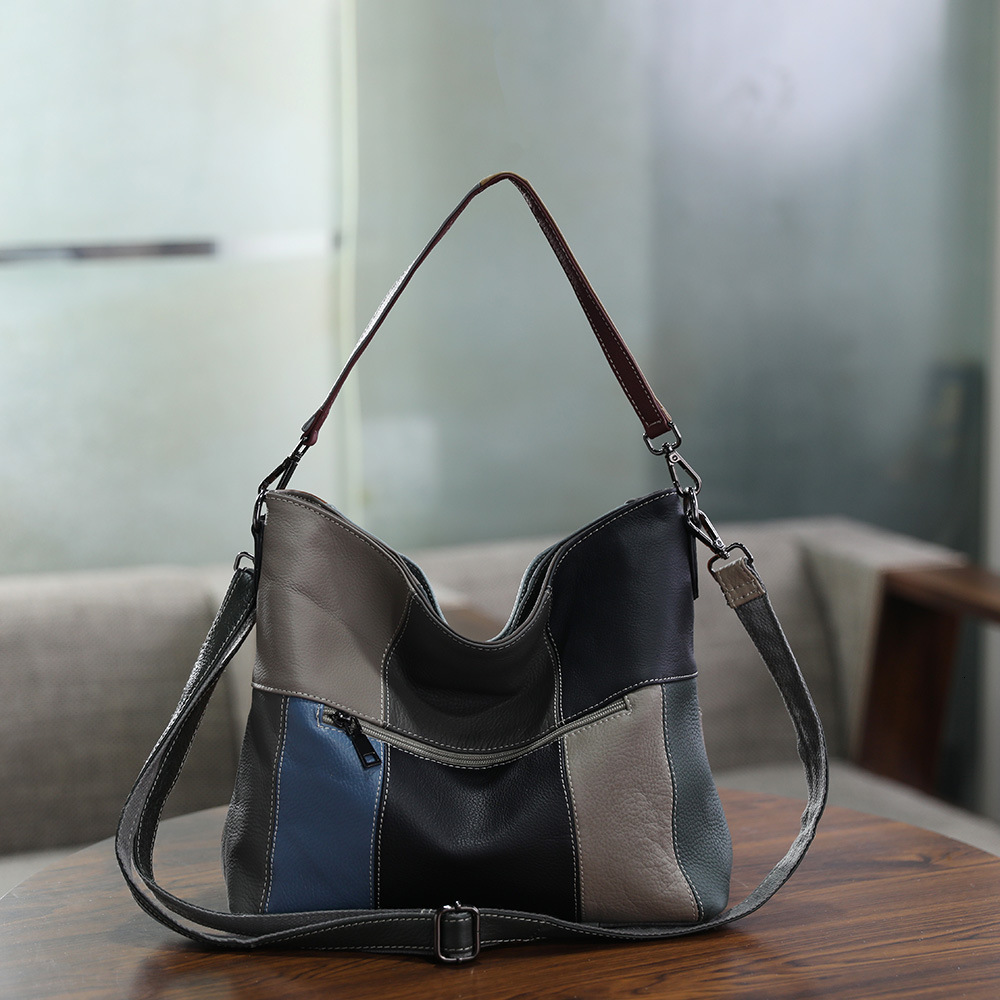 Handmade top layer cowhide contrasting shoulder crossbody with genuine leather splicing color large capacity women's bag