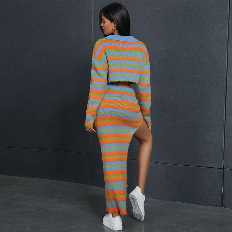 Feng 2023 Autumn Women's New Sexy Knitted Stripe Contrast High Waist Slimming Long Split Skirt