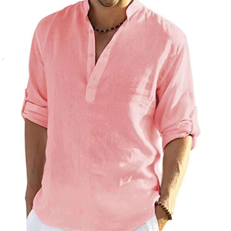 Top selg Spring Autumn Cotton and Hemp Standing Collar Burial Clip Shirt Men's 2024 New Casual Fashion Trendy Clothing