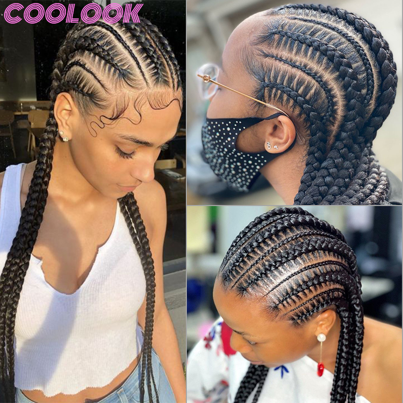 360 Full Box For Black Women Cornrow Braided Synthetic Wig With Baby Hair 36 Inch Long Braid Lace Frontal Wigs
