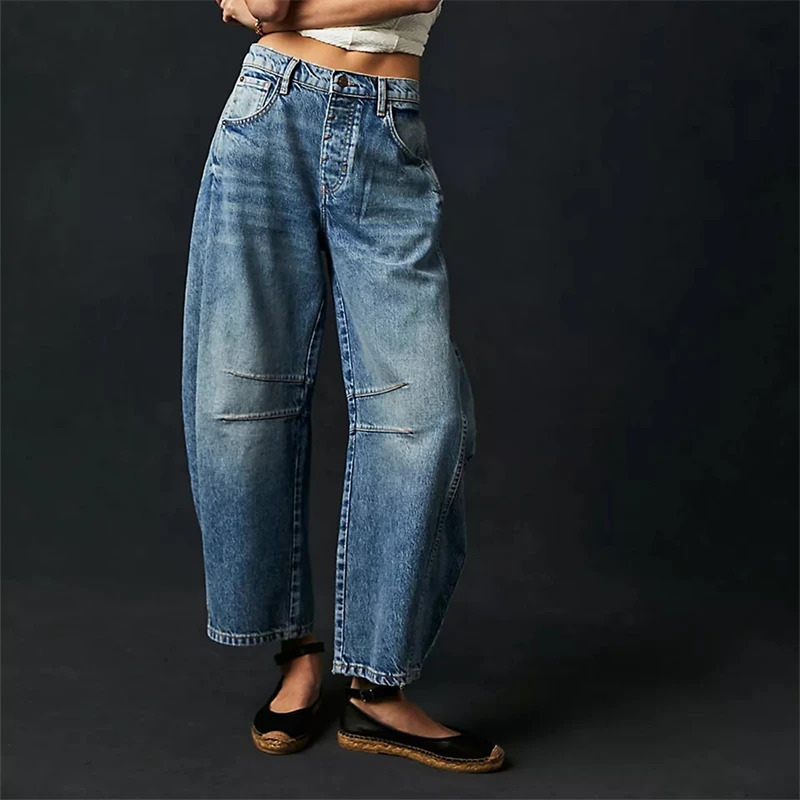 Midiross high stretch mid waist bucket jeans fashionable wide leg shape womens casual bag mid waist denim jeans 241122
