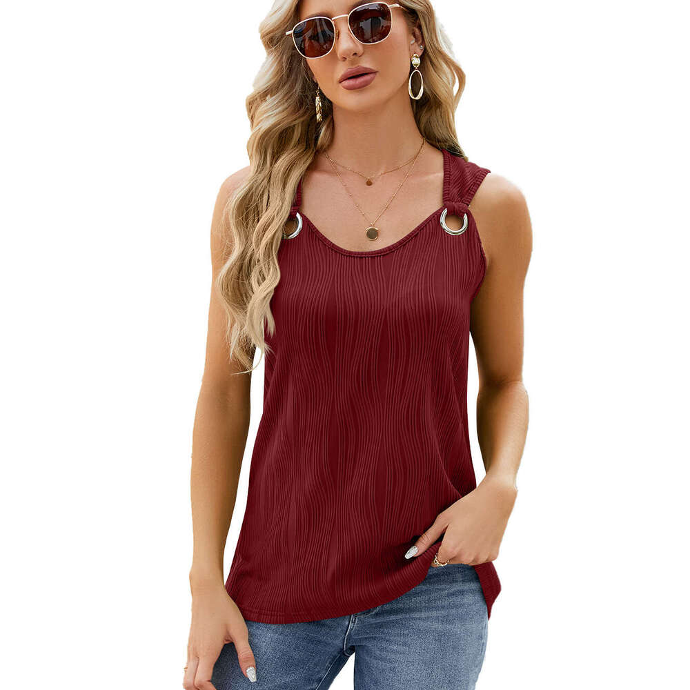 2024 Summer New Solid Round Neck Sleeveless Tank with Metal Ring Loose Top