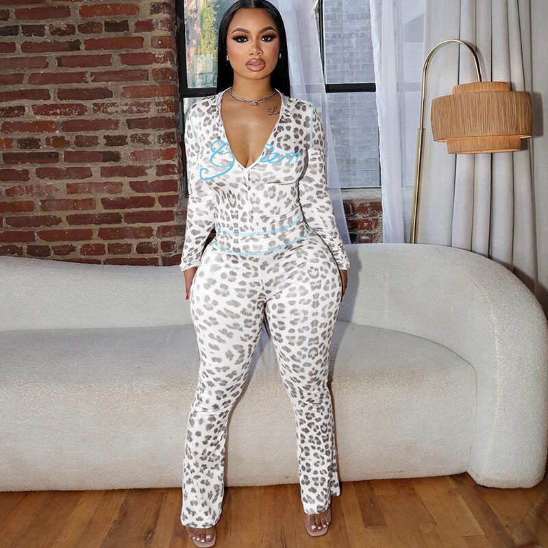 Wind 2024 Summer New Product Printed Hoodie Top Leopard High Waist Tight Pants Set for Women