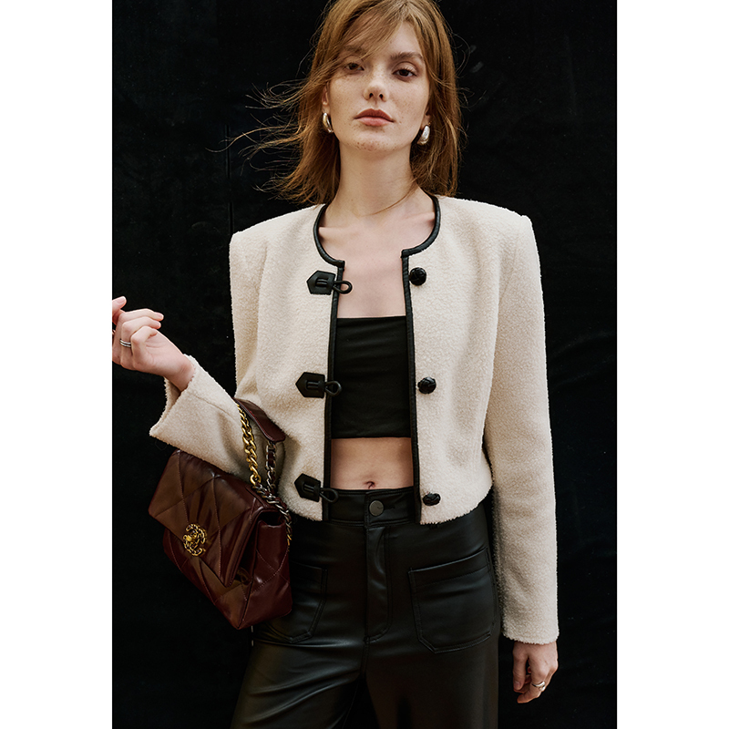 IOO Wool Blend Round Neck Cropped Jacket 2023 Winter Women Fleece Short Coat French Pairs