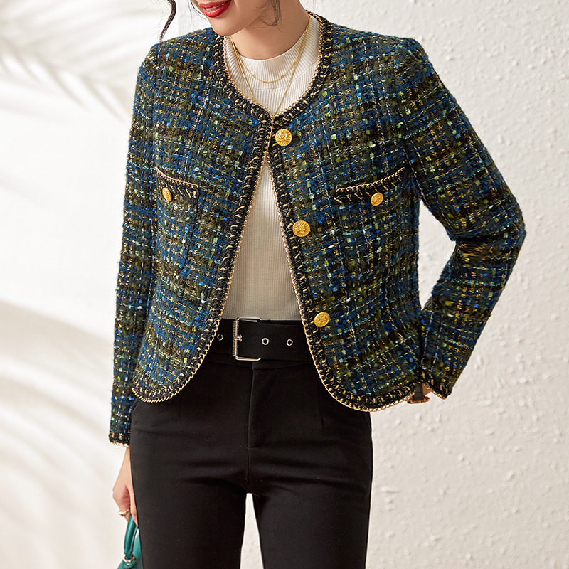 ZJYT Elegant Office Lady Tweed Woolen Jacket For Women 2024 Fashion Autumn Winter Coats Vintage Plaid Outerwear Veste Femme