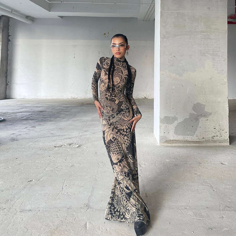 Women's 2024 Spring/Summer New Fashionable and Personalized Mesh Print Perspective High Neck Slimming Dress