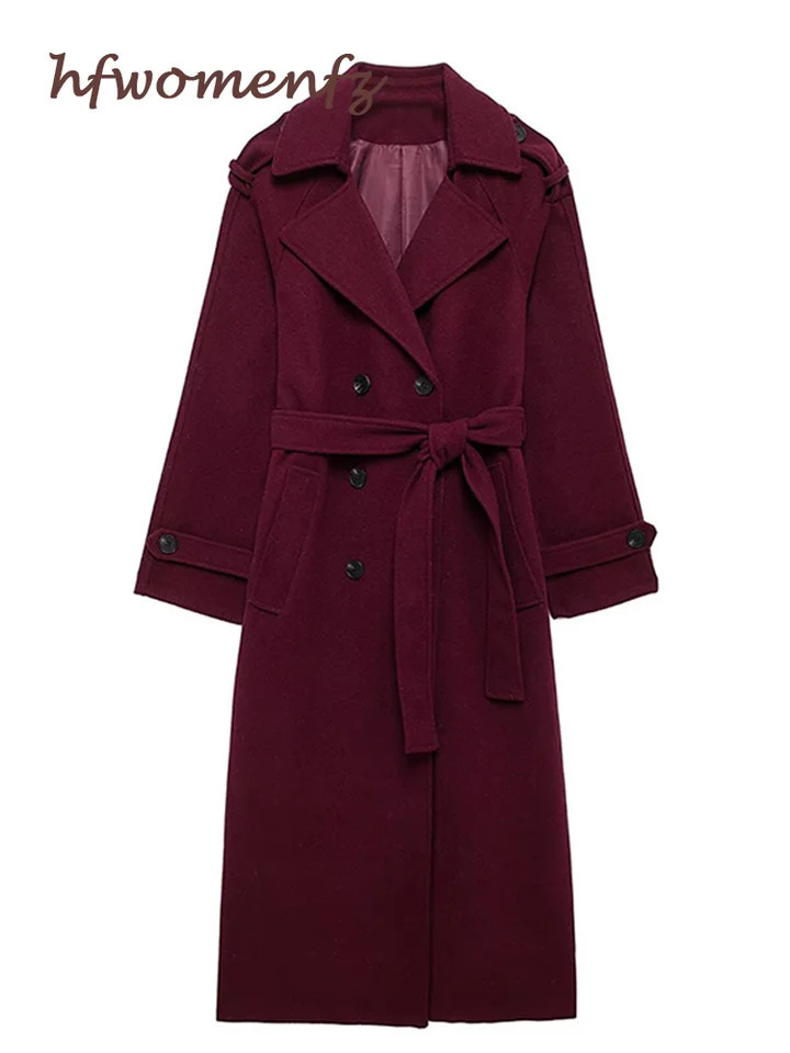 Elegant Burgundy Oversize Lapel Overcoat Women With Belt Wool Blend Double Breasted Long Sleeve Coat 2024 Autumn Commute Outwear 241121