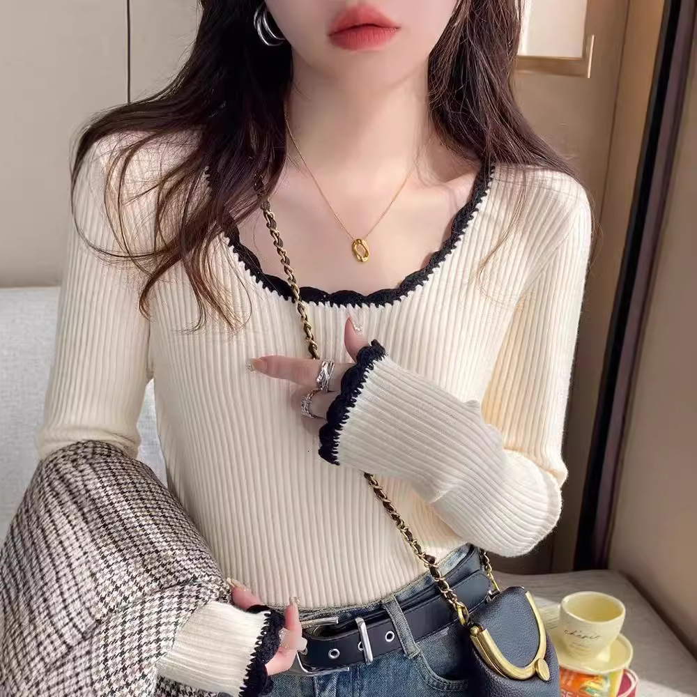 New round neck knitted sweater with high-end winter and early autumn feel, with inner long sleeves and designer's new base shirt