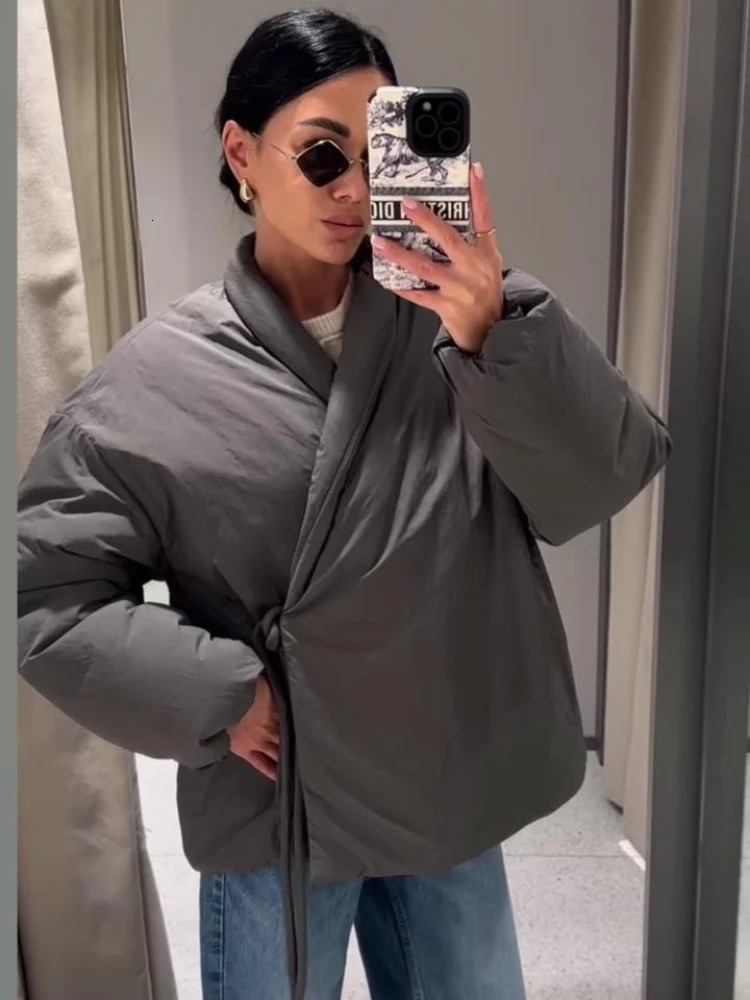 ZBZA Women Tiebelt Kimono Cropped Jacket Coat Stand Collar Elastic Cuffs Loose Asymmetric Fall Winter Chic Overcoat 241125