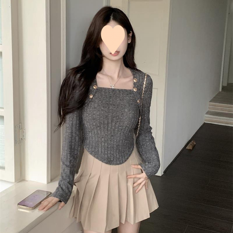 Winter new French square collar long sleeved women's knitted sweater high-end slim fit short fashion top designer sweater