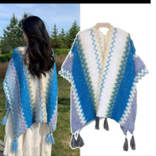 New ethnic style shawl pullover, tassel cardigan, colorful loose textured knitted sweater, designer cape jacket