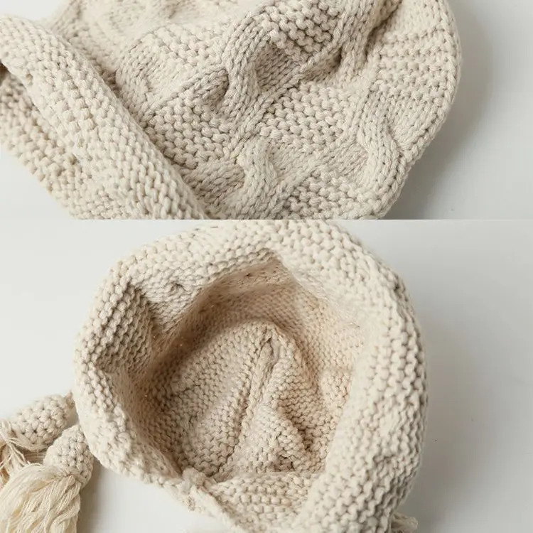 Winter Ear Protection Hat Women Fashion Tassels Handmade Knitted Cute Red Black Color Wool Beanie Outdoor Skull Cap 241125