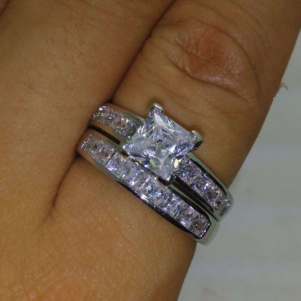 Princess Cut White Gold Filled Wedding Ring Set with Topaz CZ Dias