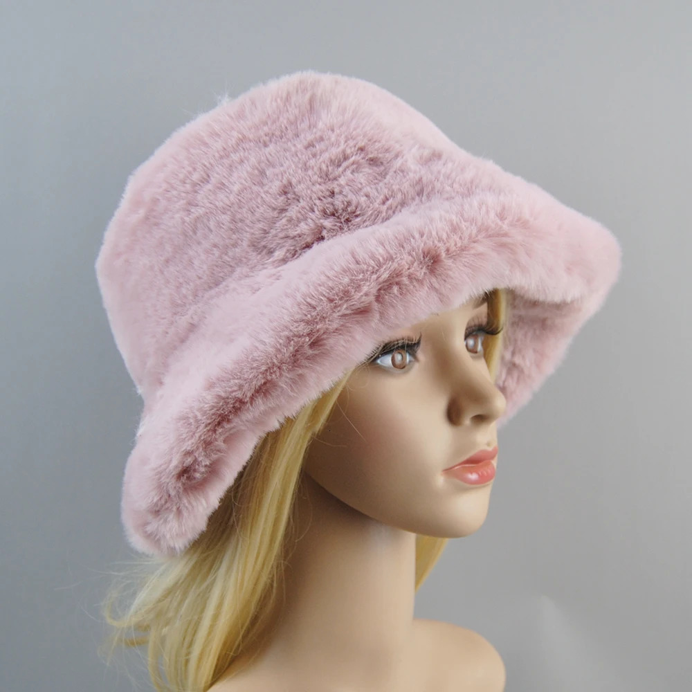 Rabbit Fur Hats 2024 Russian Fashion Ski Beanies Plush Solid Color Style Super Soft Women Winter Hat Cotton Lining Warm 241125