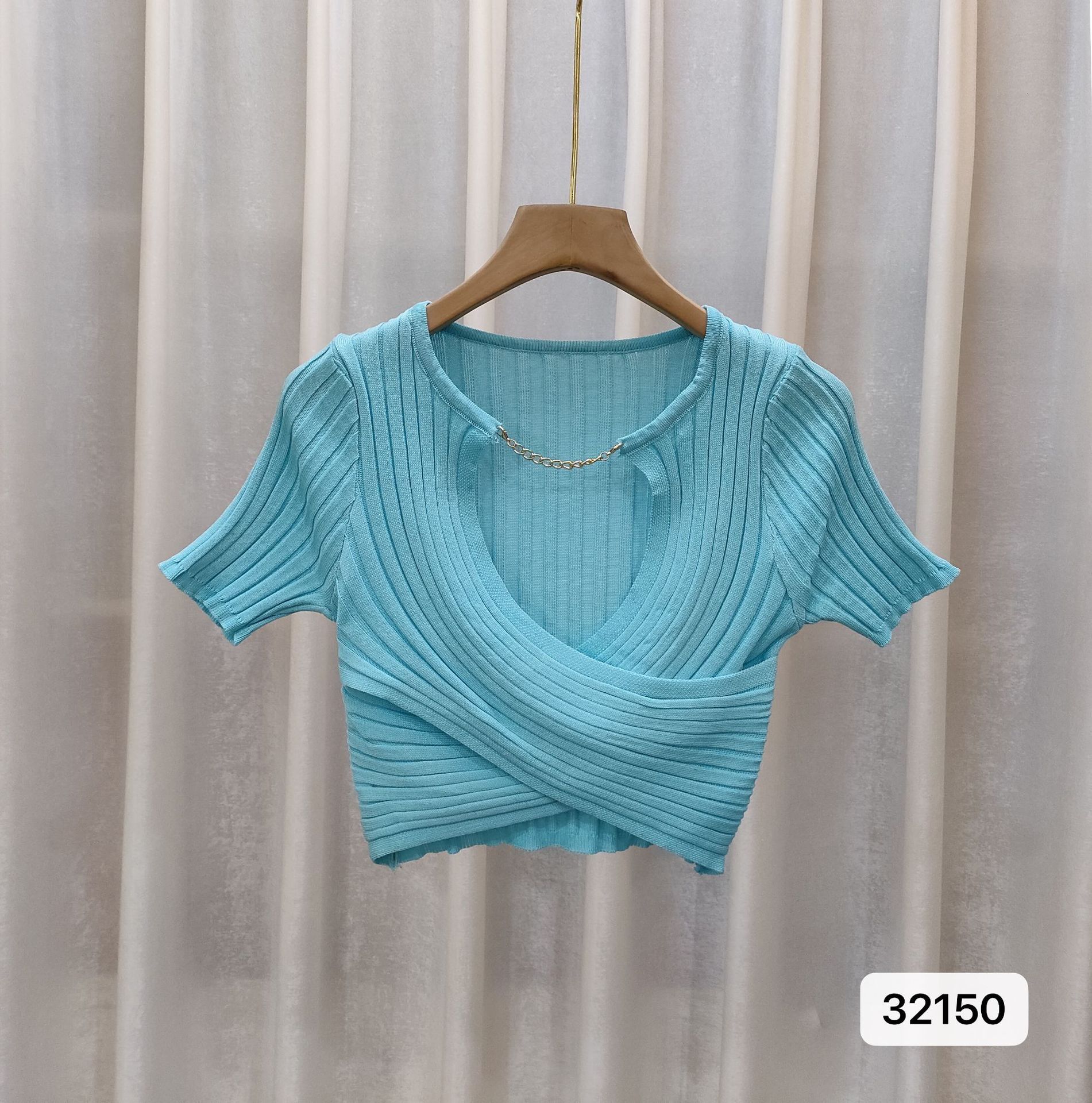 New V-neck cross white knitted sweater for women, spring new design, spicy girl short sleeved unique and chic designer top