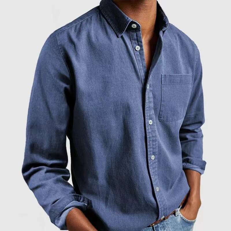 European and American popular imitation denim Oxford retro men's long sleeved shirt 2024 temperament versatile new trend clothing ins