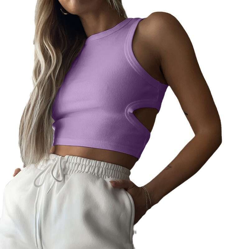 New summer women's sports short cut with exposed navel and hollowed out sleeveless top, herringbone vest