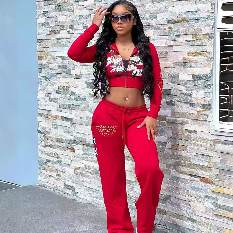 Trendy Street Skeleton Love Printed Basic Zipper Short Cardigan High Waist Straight Pants Two Piece Set For Women