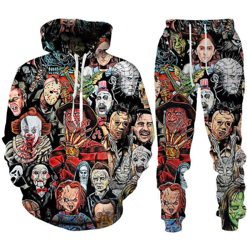 2024 new men's hooded set funny Halloween 3D digital printed sweatshirt pants