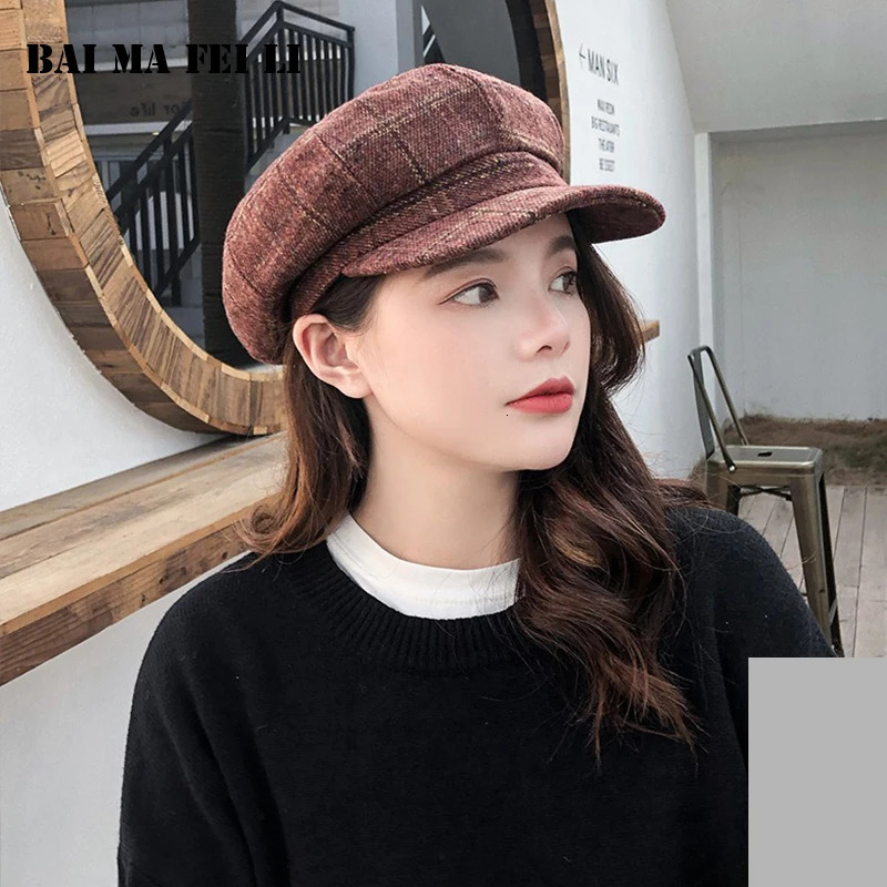 Retro Fashion Womens sboy Hats Plaid Octagonal Beret Cap Tweed Outdoor Visor Baker Cabbie Ladies 241125