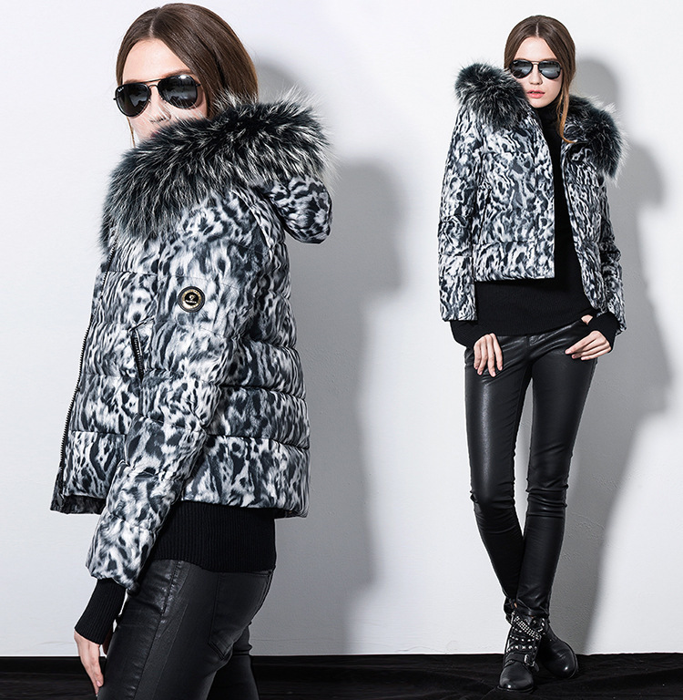 Designer leopard print for women, slim thick, warm and fur collar, hooded white duck down jacket