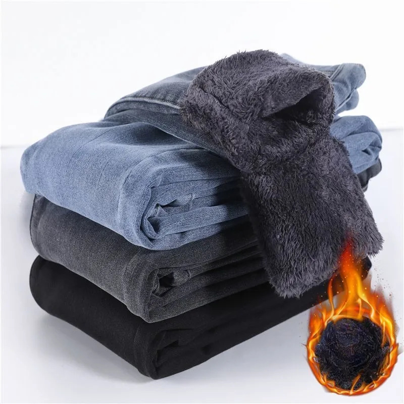 Plus Velvet Thick Jeans Womens Winter Autumn Warm Retro Pocket Korean Button Solid Color Full Match Street Fashion 241122