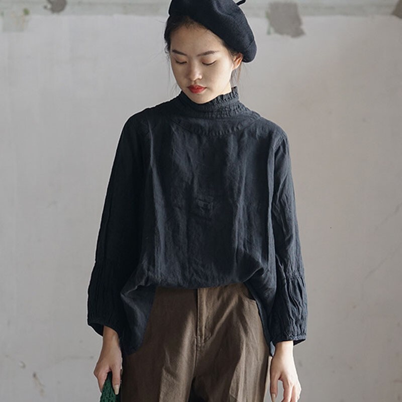 Autumn New Cotton En Retro Lace High Collar Bottoming Shirt Simple Comfortable Solid Color All-Match Women Top