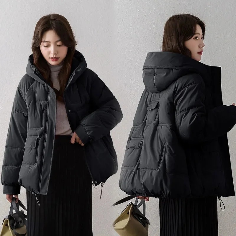Winter Short Jacket Parka 2024 Thicken Warm Coat Hooded Solid Color Casual Women Streetwear Down Cotton 241120