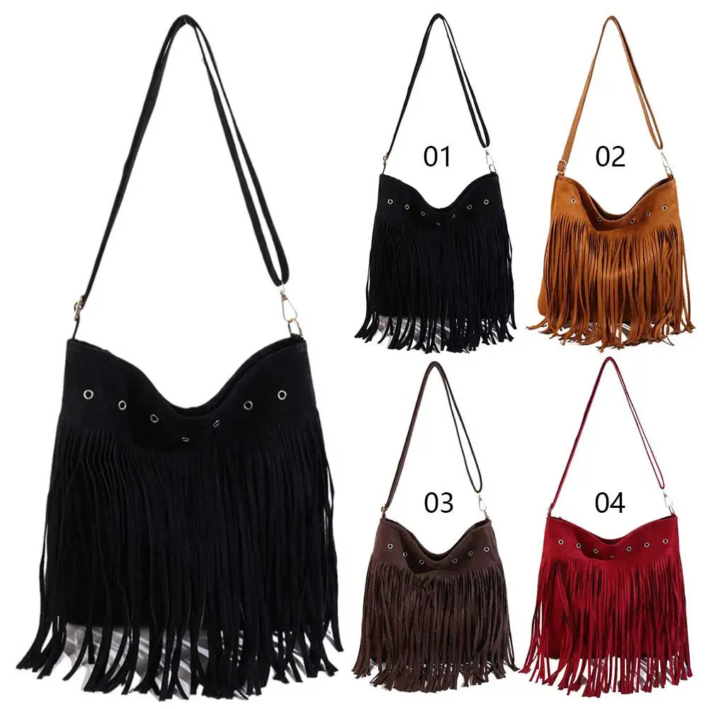 Women Vintage Messenger Bag Solid Color Suede Leather Retro Tote Handbag Adjustable Strap Fringe Satchel Bag Female Shopping Bag 241228