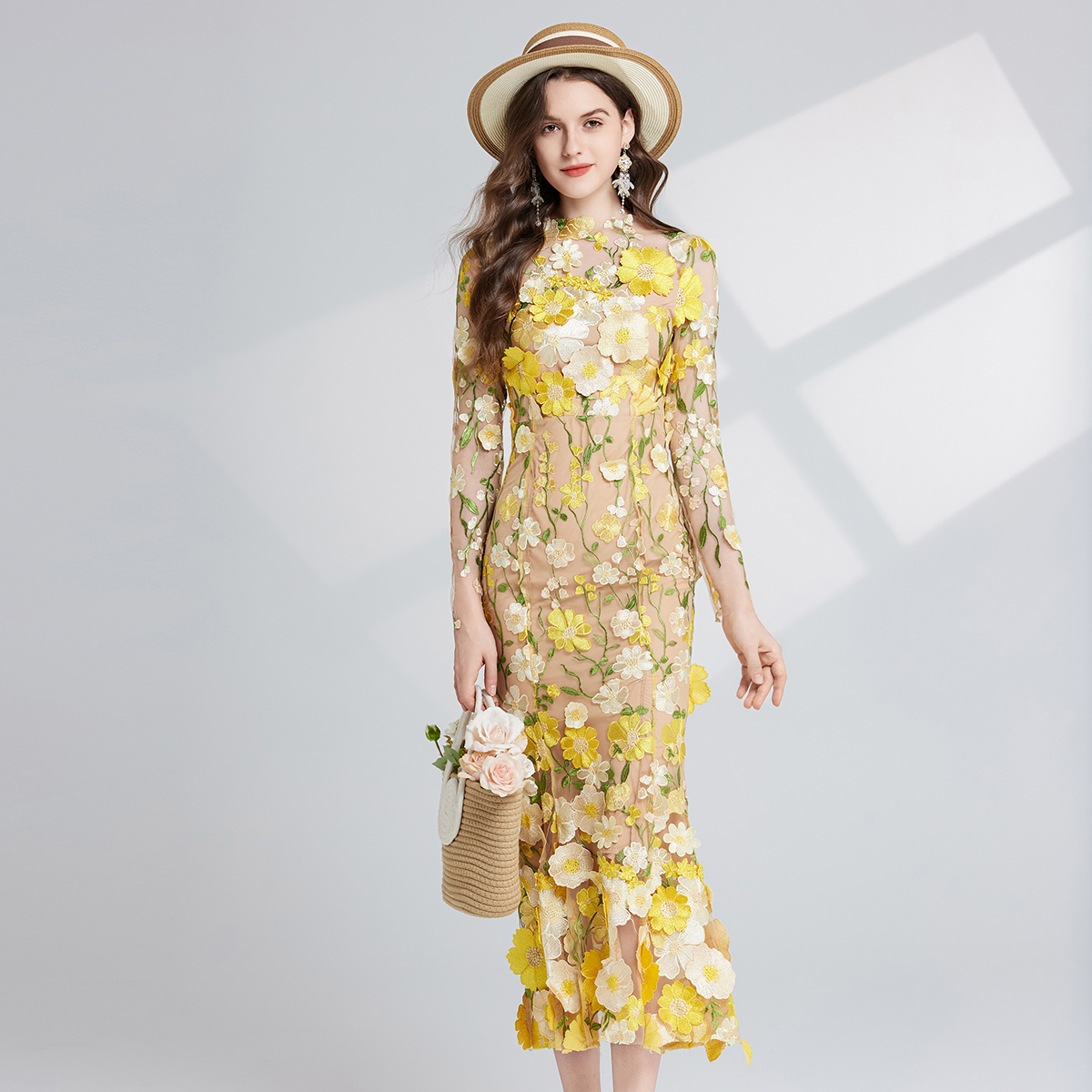 Basic Casual Women Dresses Summer Embroidery Lace Prom Dress Women French Luxury 3D Flower Fishtail Long Sleeve Mermaid Dress Party Bodycon Holiday Ve