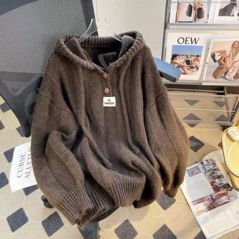 New autumn and winter Korean loose lazy style hooded women's sweater, new soft glutinous rice pullover sweater, drawstring designer knitted sport