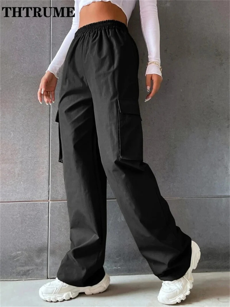 Vintage Streetwear Cargo Pants Fashion Women Solid Oversized Pocket High Waist Baggy Pant Casual Hip Hop Straight Trousers 241121Z