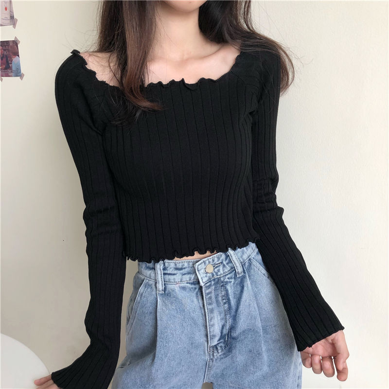 Autumn new single neck pure desire white sweater thin short knitted bottom long sleeved top designer sweater trendy warm hoodie
